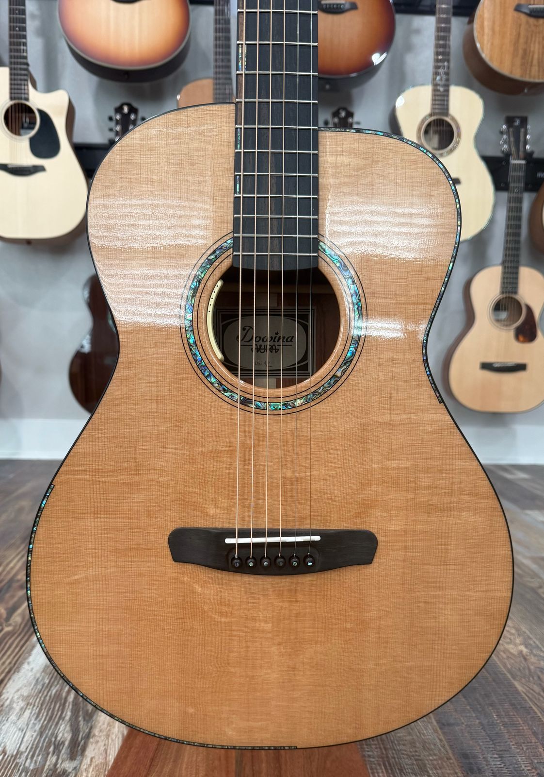 Dowina Aura - Old Stock Sitka Bearclaw Spruce/Macacuba with LR Baggs Anthem and custom Italian Hardshell Case